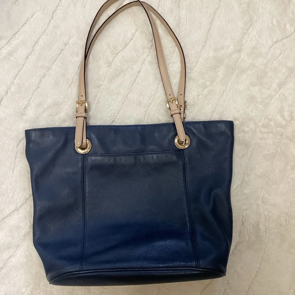 Michael Kors Navy Leather Tote with Tan Straps and Gold Charm - Picture 5 of 11